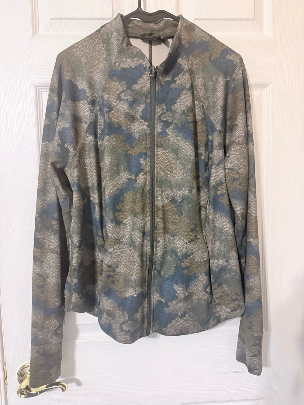 Athleta Women’s Camouflage Zip-Front Bomber Jacket in Blue and Gray